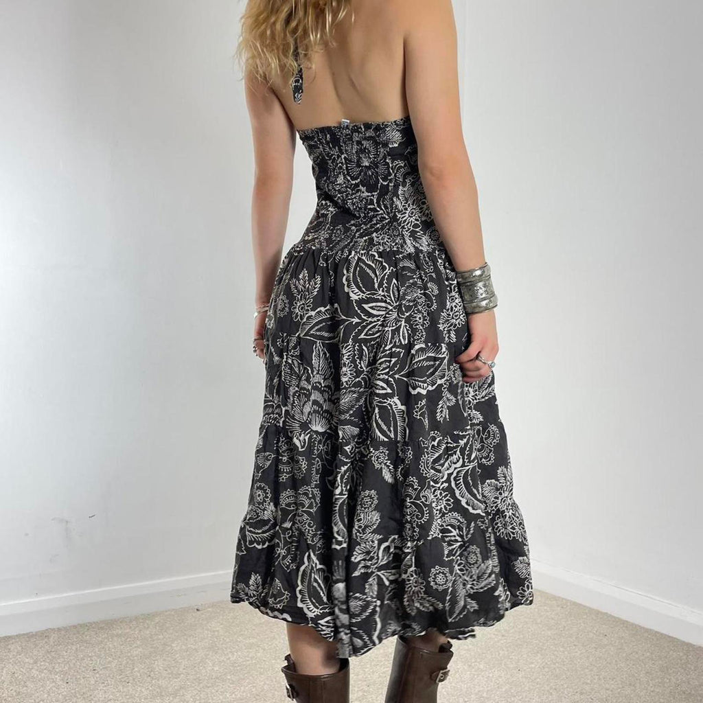 Vintage floral full length halter neck brown and white dress