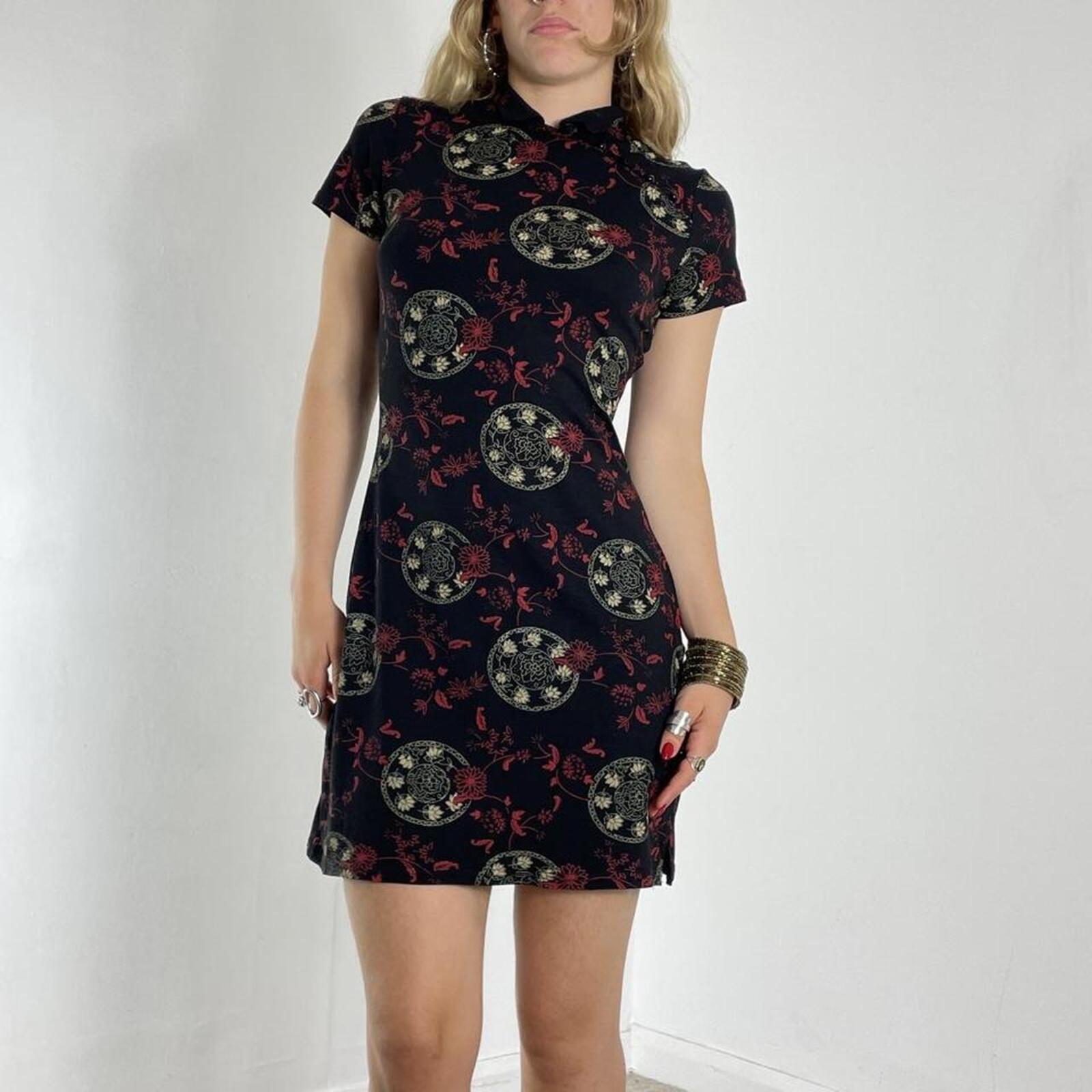 Black high-neck midi dress with print