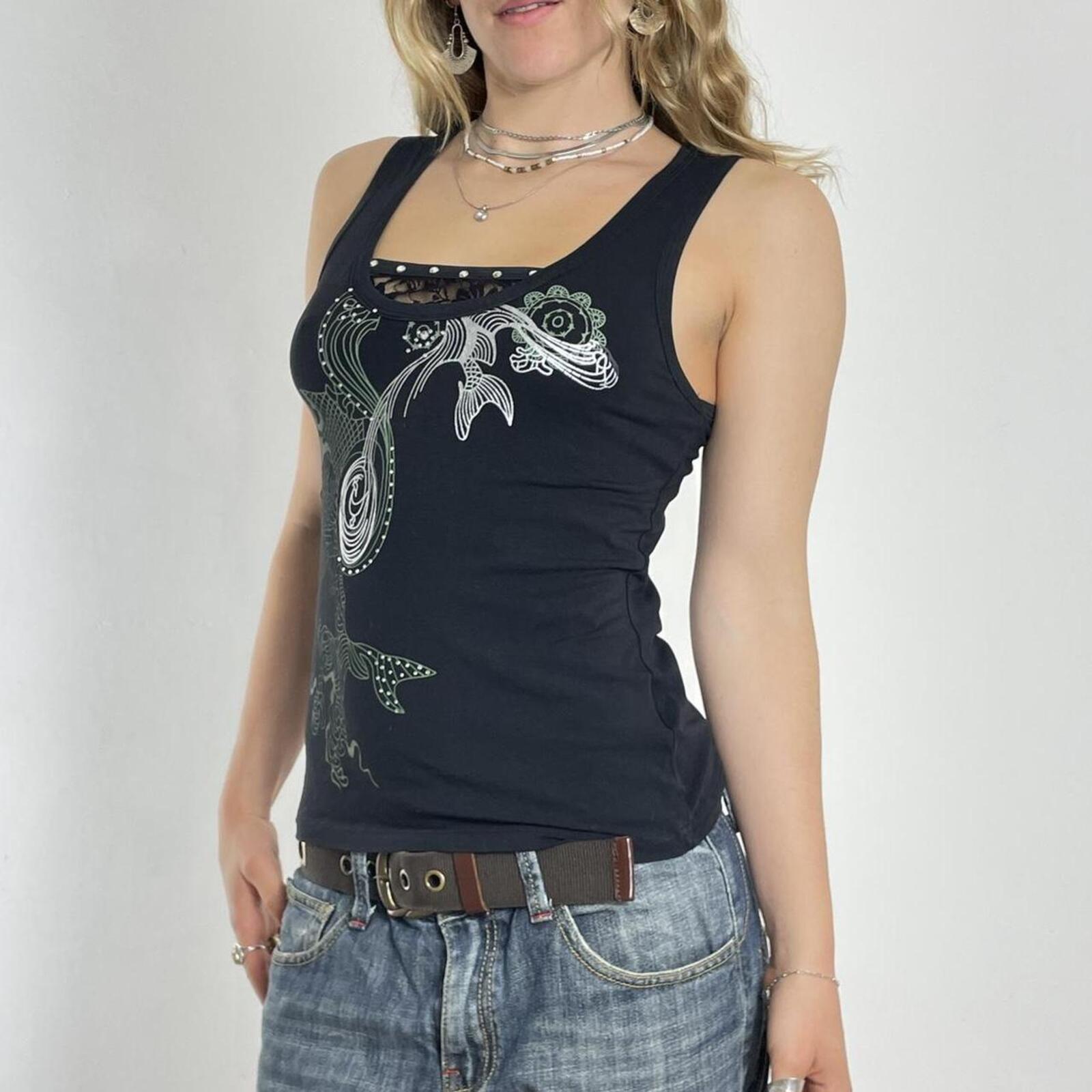 Y2K Graphic black printed top with a lace panel at the back