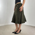 00's kahki cord midi skirt with a belt and wooden loop