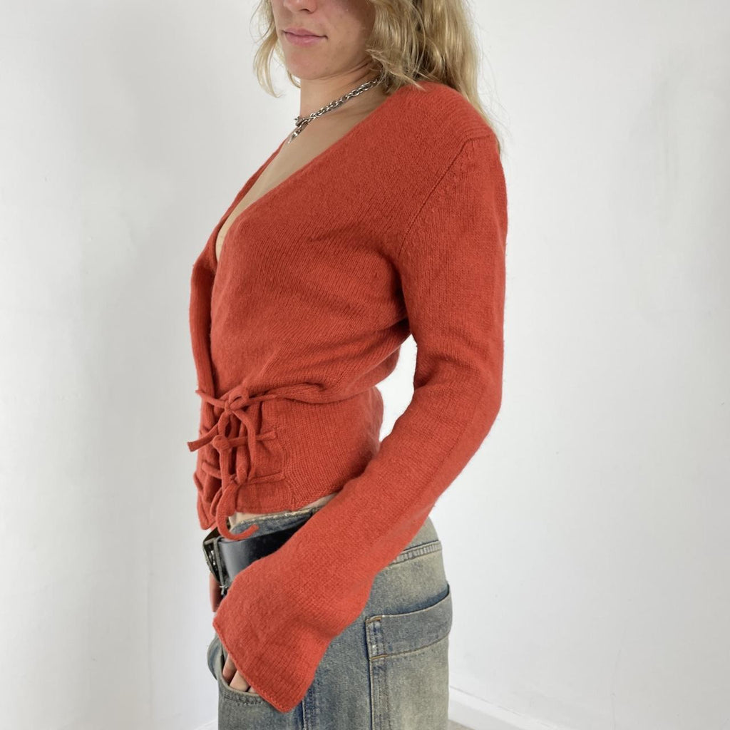 Burnt orange wool v neck long sleeve wrap jumper