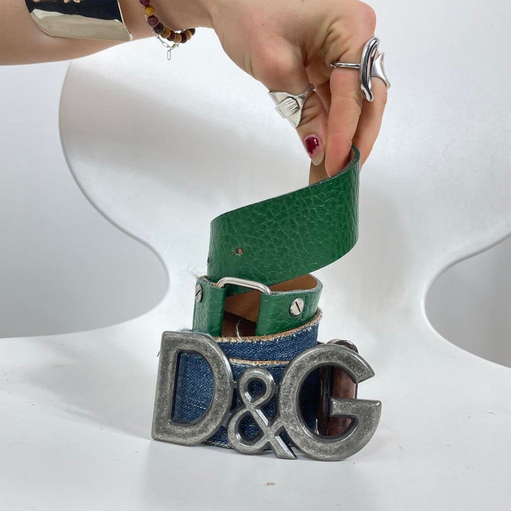 Dolce & Gabbana green and denim vintage silver buckle spell out belt