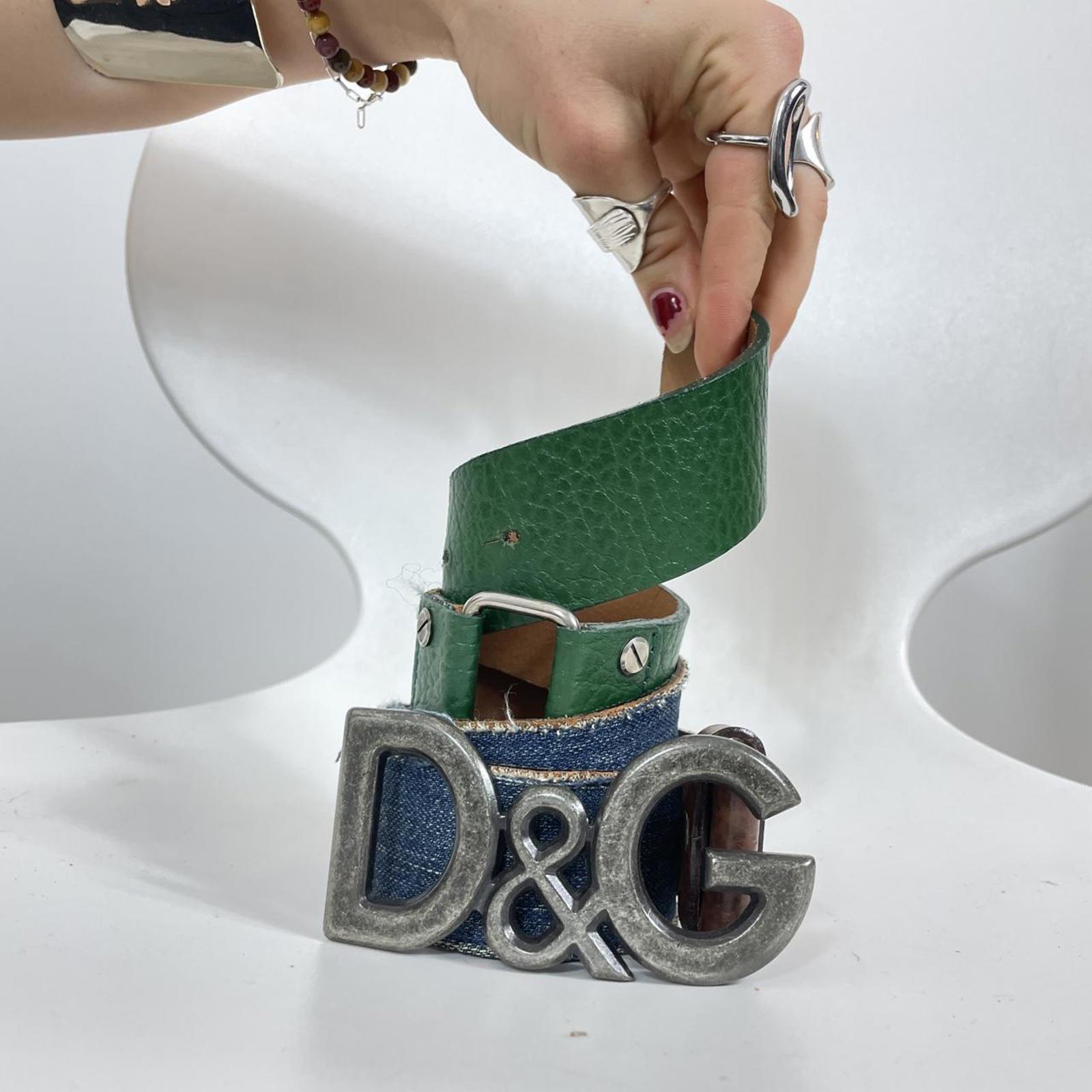 Dolce & Gabbana green and denim vintage silver buckle spell out belt