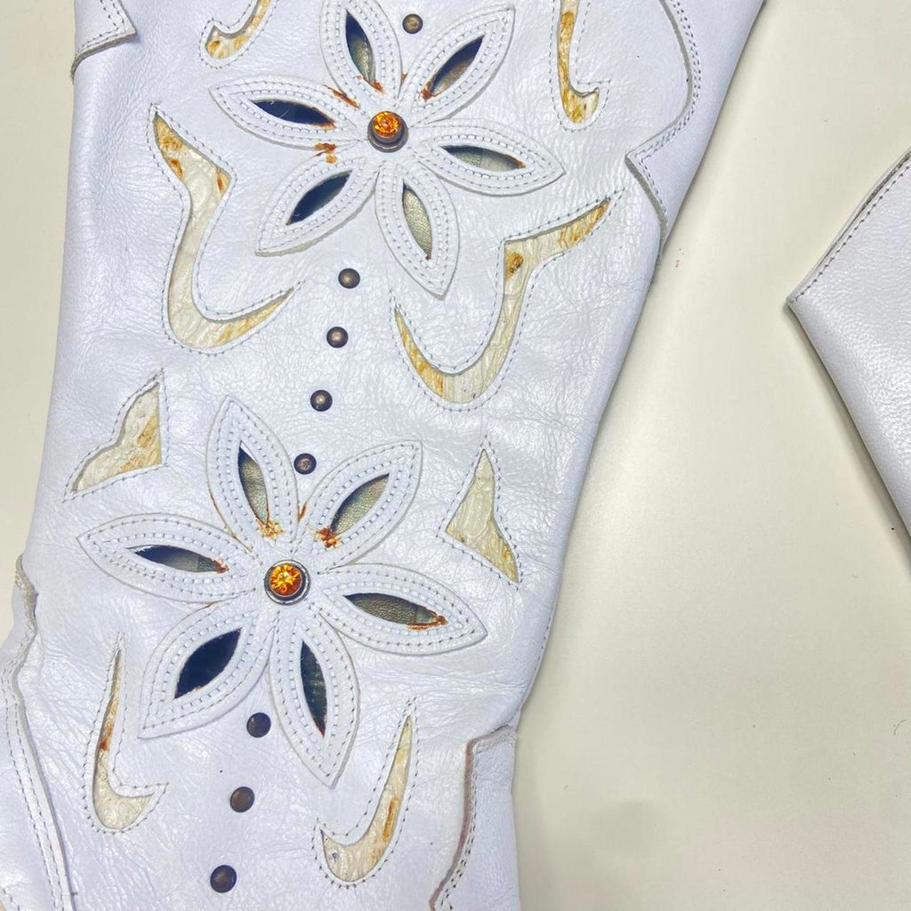 Vintage white patterned boho gem embelished heeled boots.
