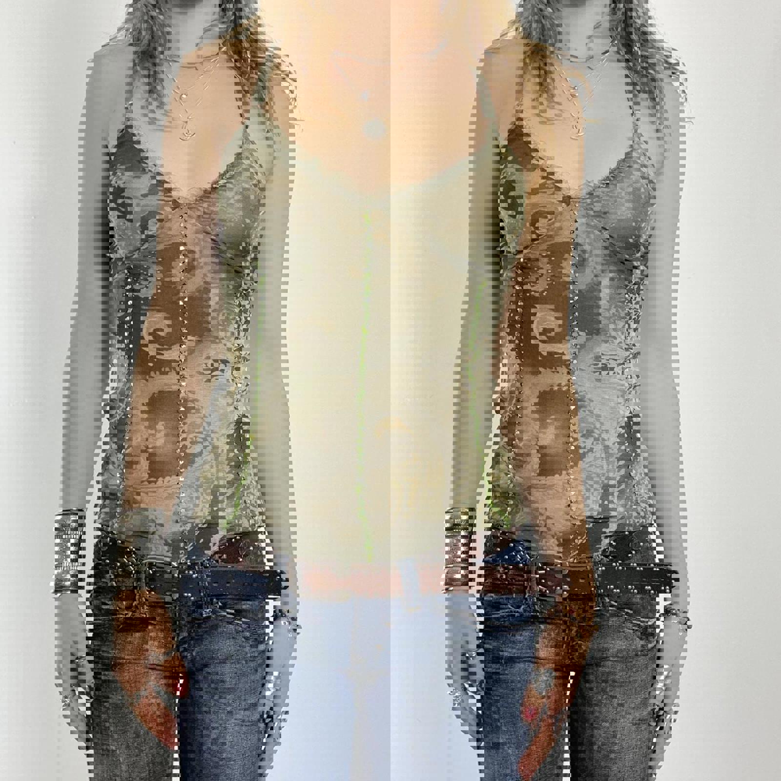 00's kahki mesh low cut cami with green sequin embroided stripes