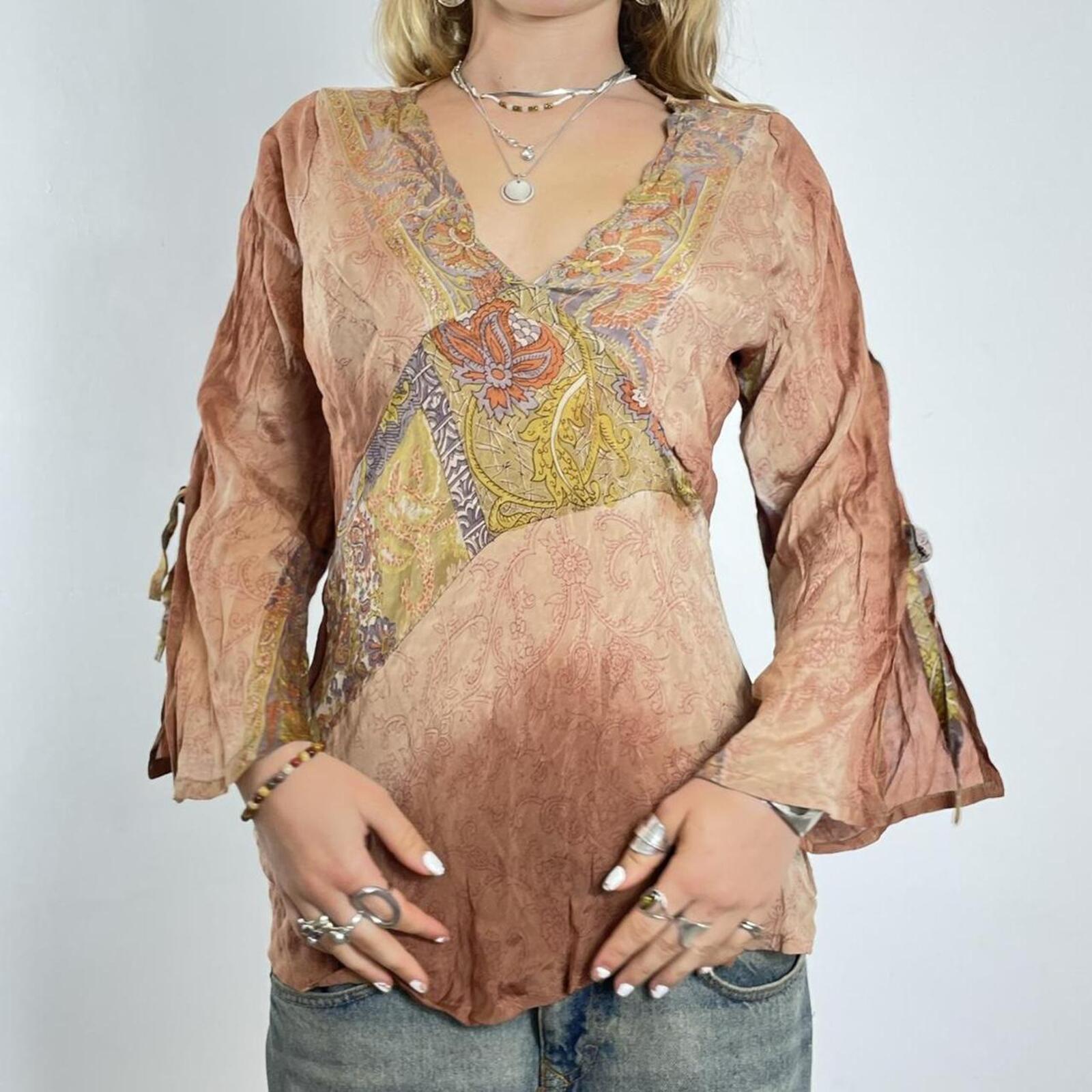 Brown bohemian silky long sleeve top