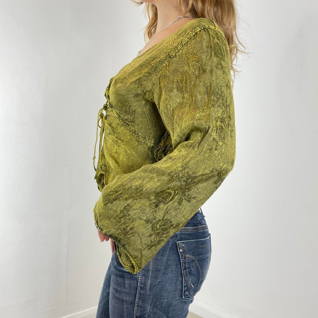 Vintage kahki green flared sleeve embelished whimsical lace up top