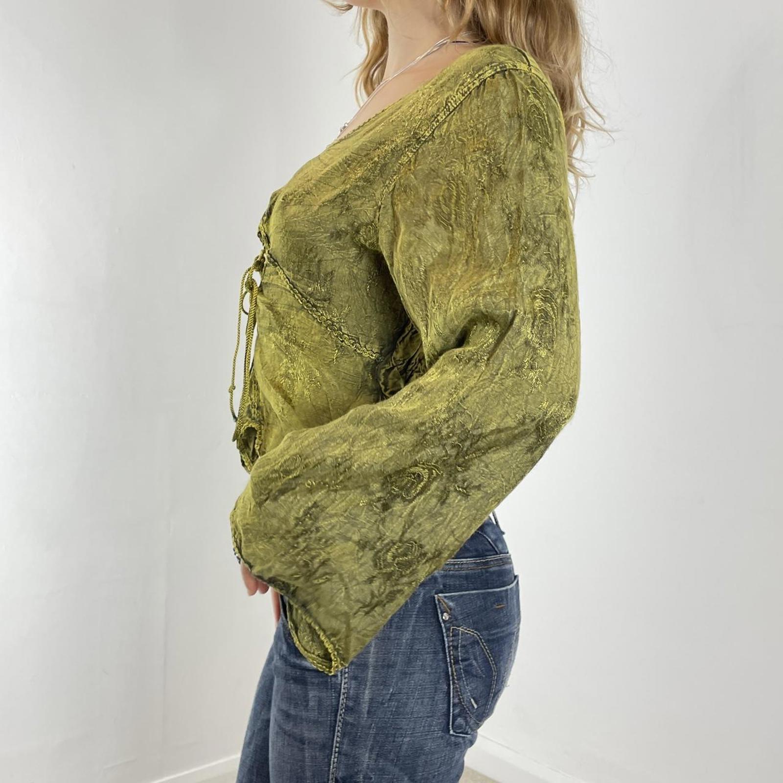 Vintage kahki green flared sleeve embelished whimsical lace up top