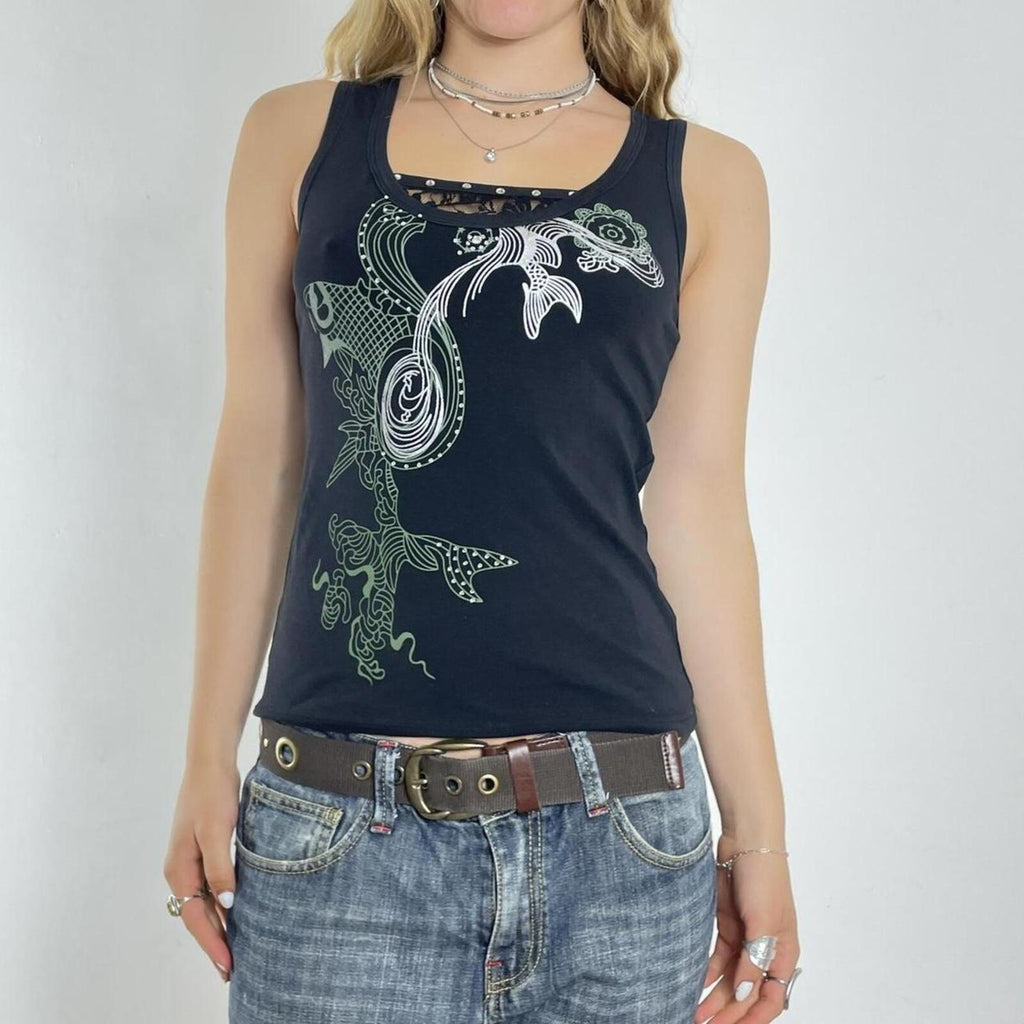 Y2K Graphic black printed top with a lace panel at the back