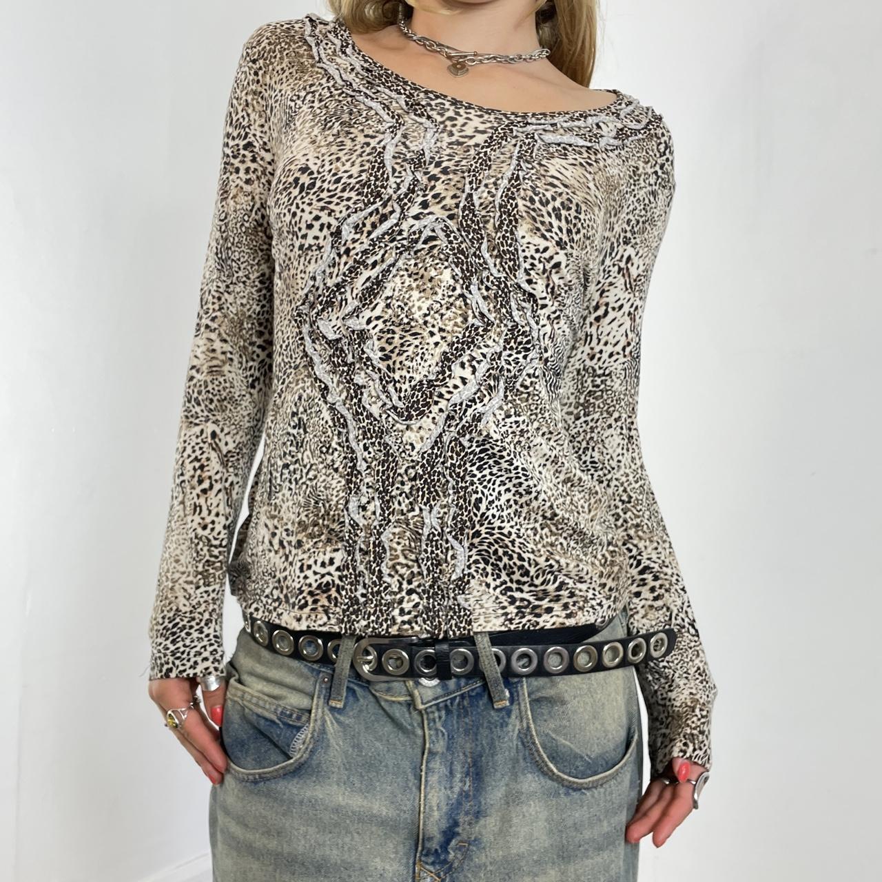 Brown textured long sleeve leopard print top