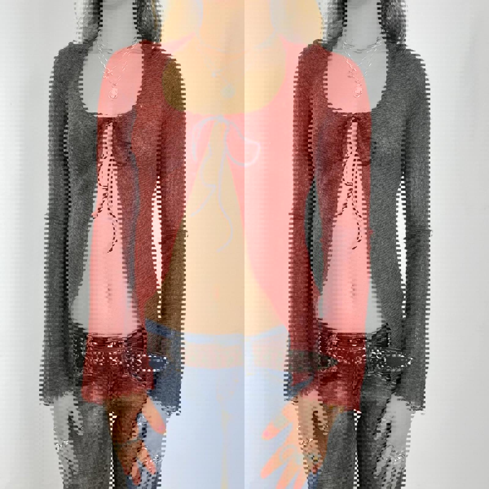 00's burnt orange long sleeve cardigan tie up top