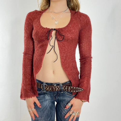 00's burnt orange long sleeve cardigan tie up top