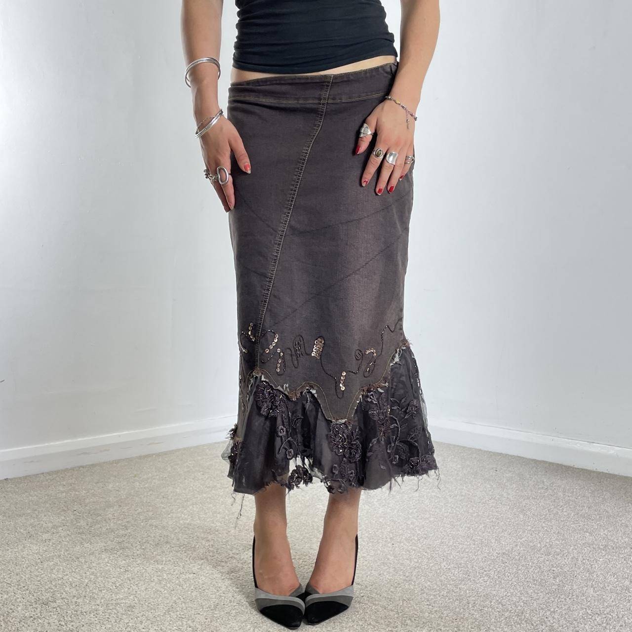 Vintage purple denim maxi skirt with embroided sequin mesh details at the bottom