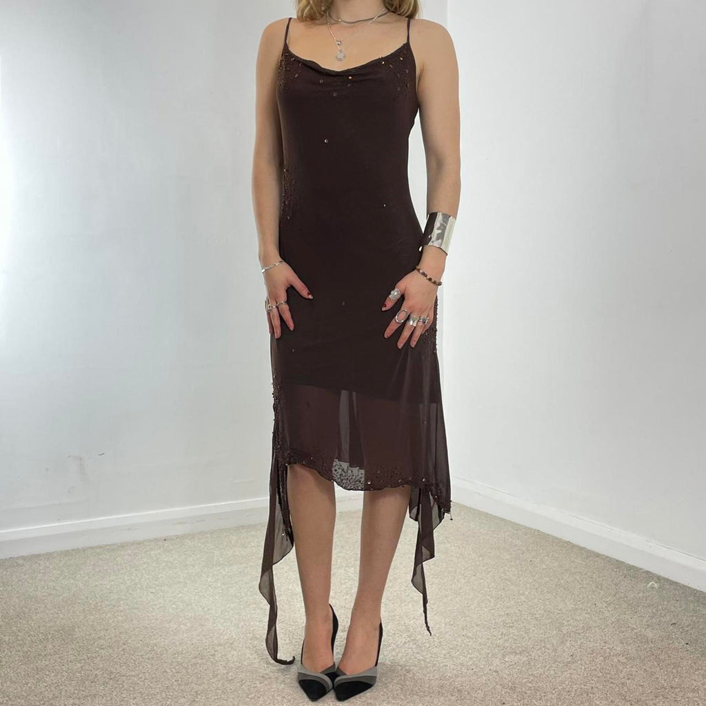 Incrediblue brown asymetrical cowl neck maxi dress