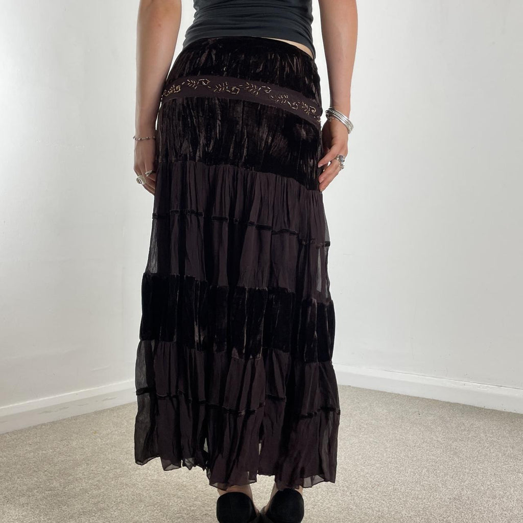Tiered brown flowy lace and velvet maxi skirt