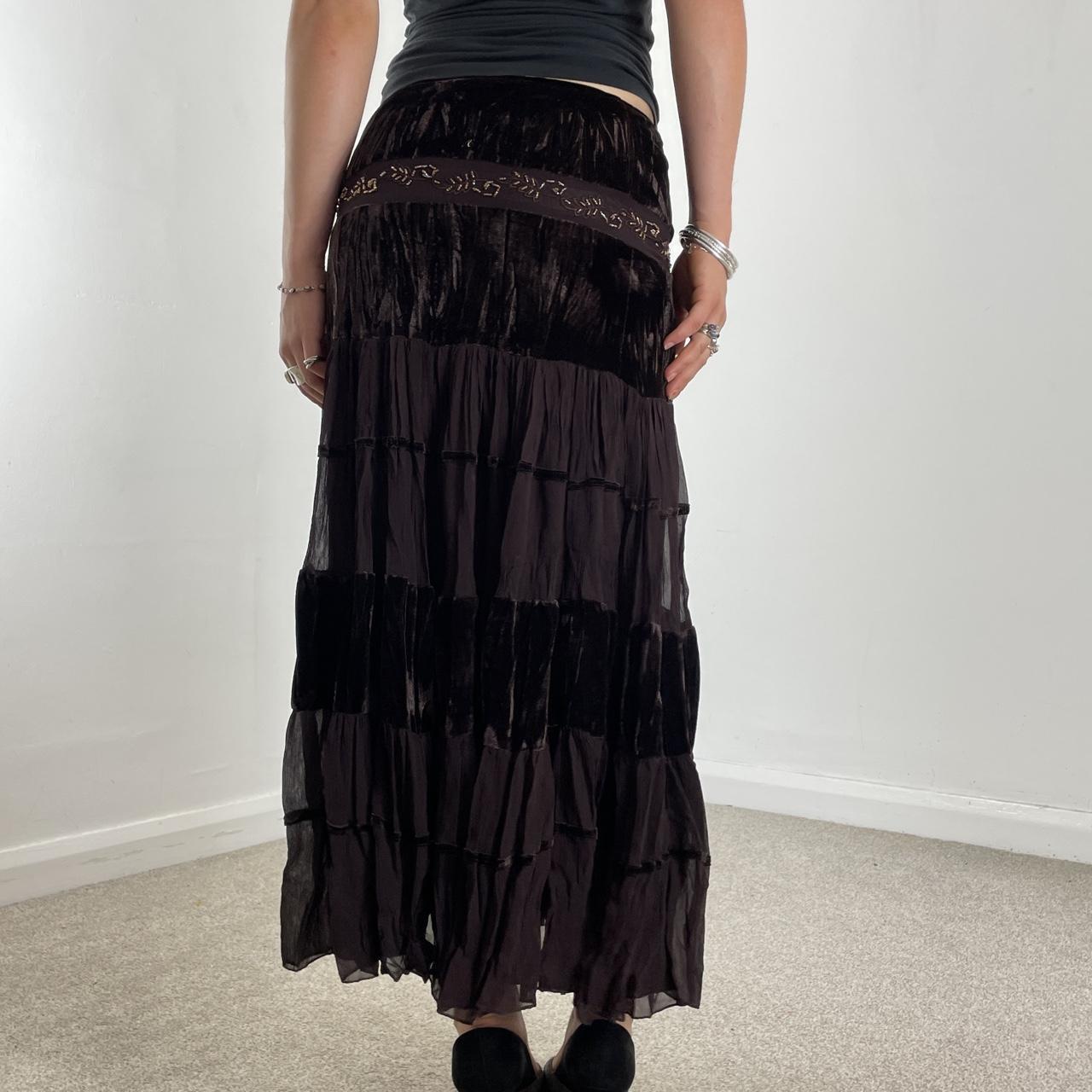 Tiered brown flowy lace and velvet maxi skirt