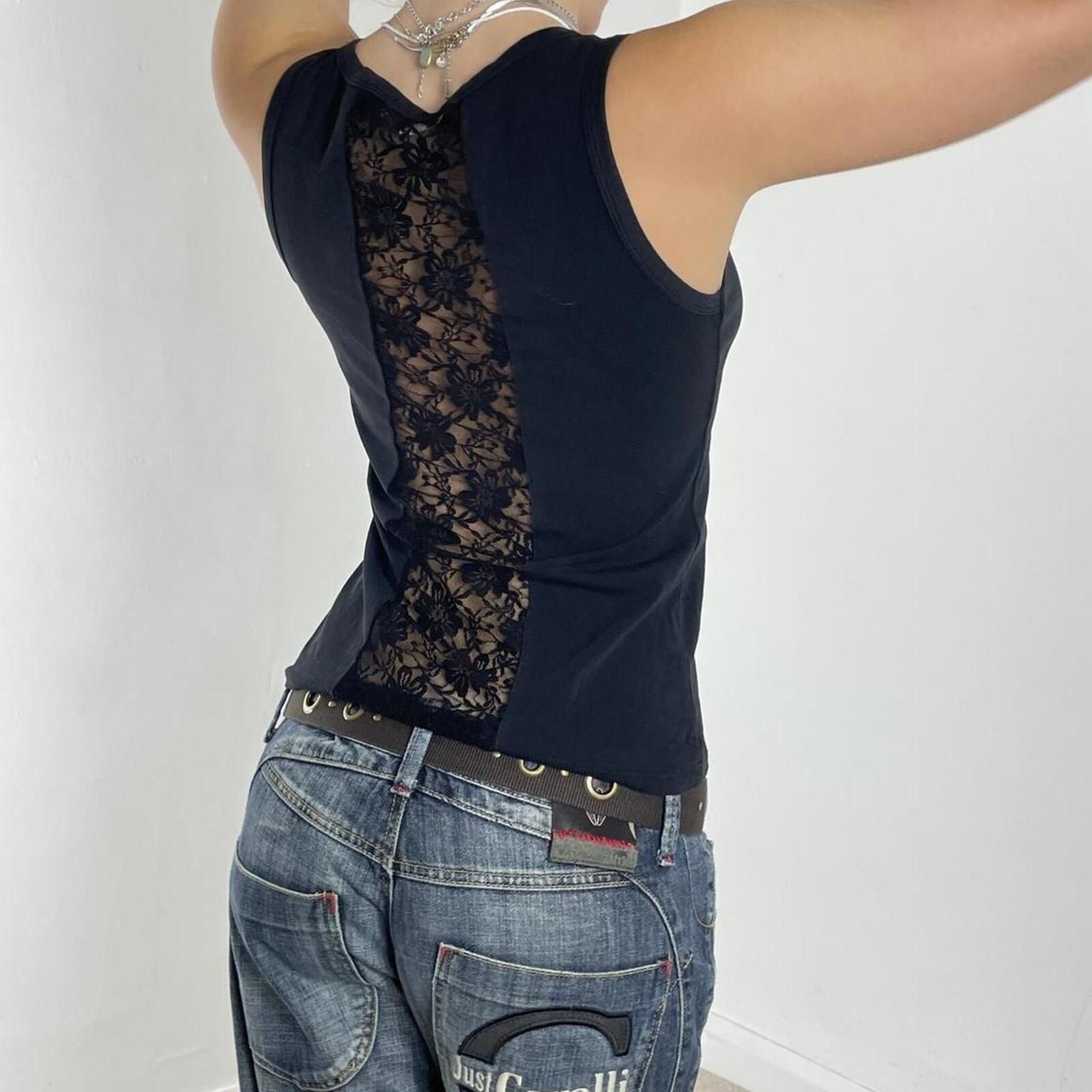 Y2K Graphic black printed top with a lace panel at the back
