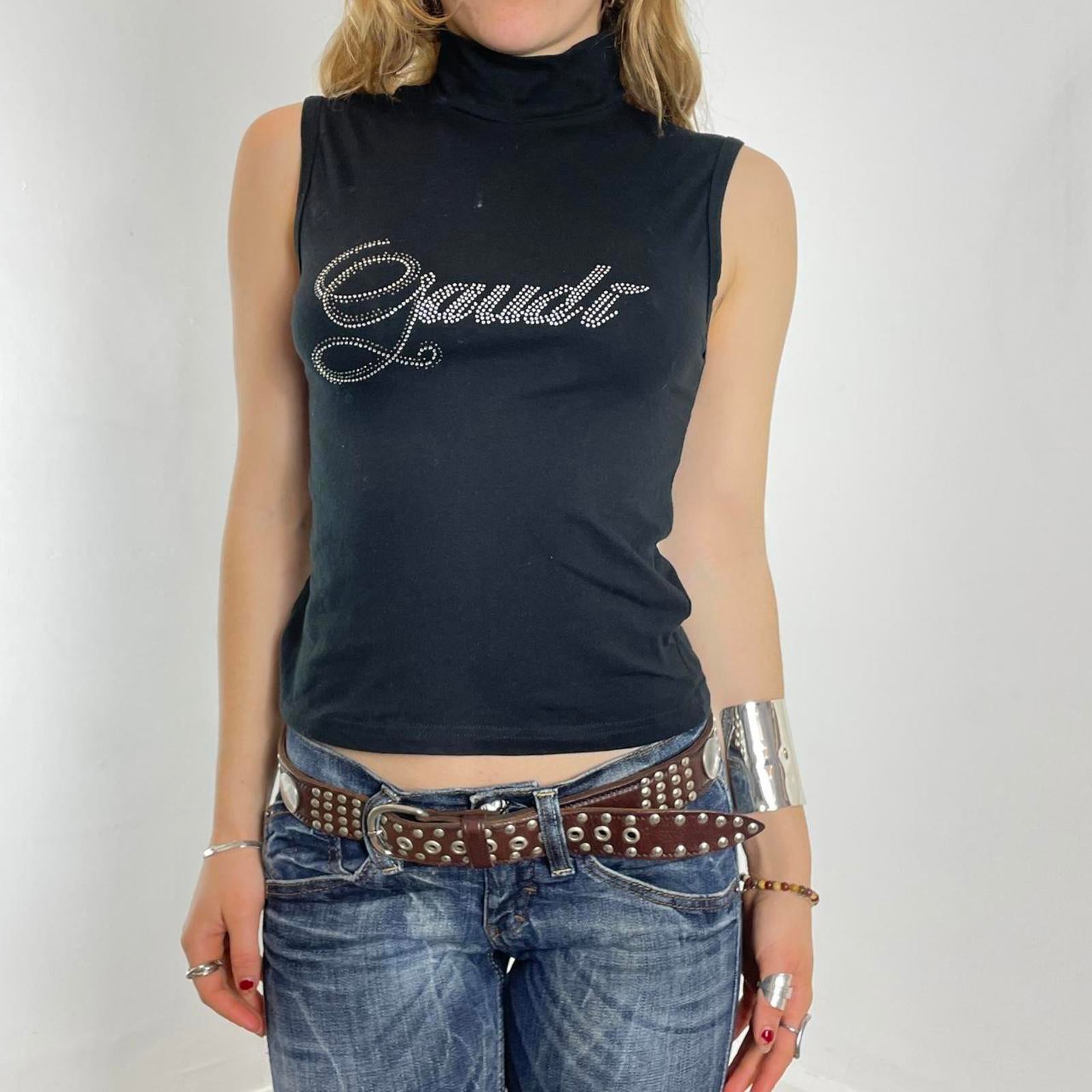 Y2K Silver and black gem Gaudi polar neck tank top