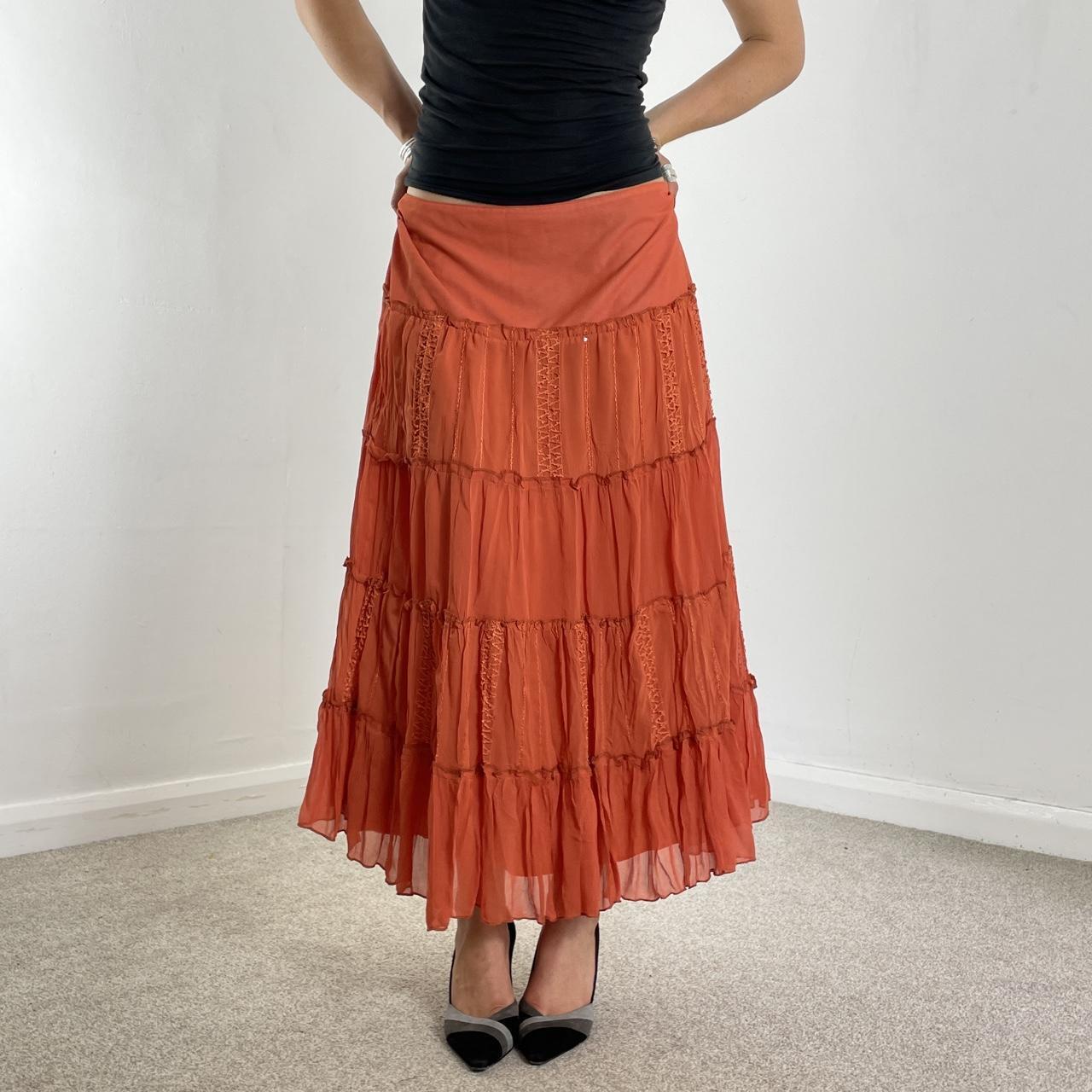 Vintage full length teired orange maxi skirt with embroided details double mesh