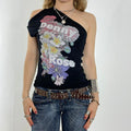 Vintage Denny Rose graphich one shoulder cut out out shoulder top