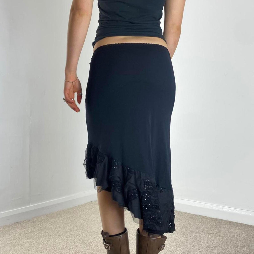 Vintage black asymetrical midi skirt sequined mesh details