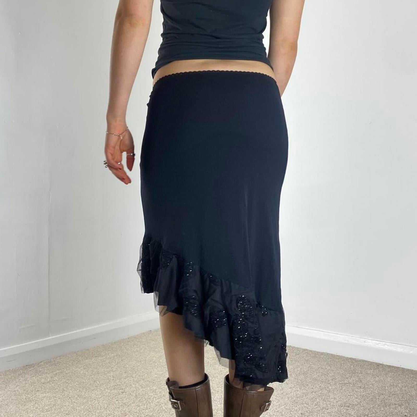 Vintage black asymetrical midi skirt sequined mesh details