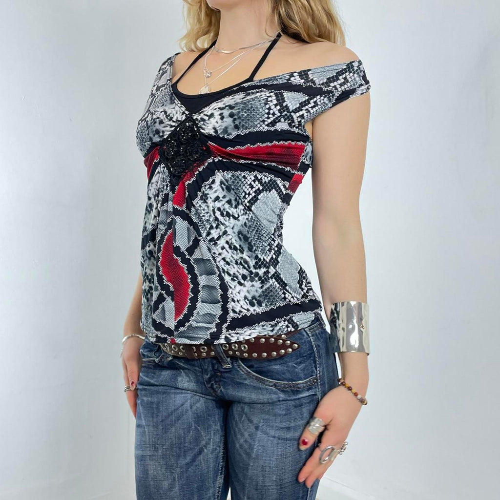 Vintage black and red snake print multi-layered halterneck top