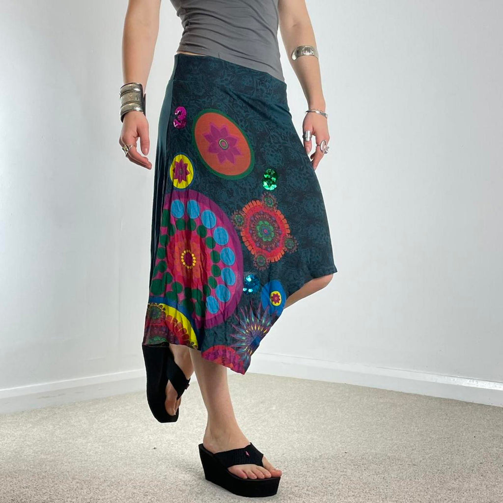 Teal green asymetrical graphic desigual skirt