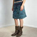 Y2K blue patterend wrap popper midi skirt, with utiltiy pockets