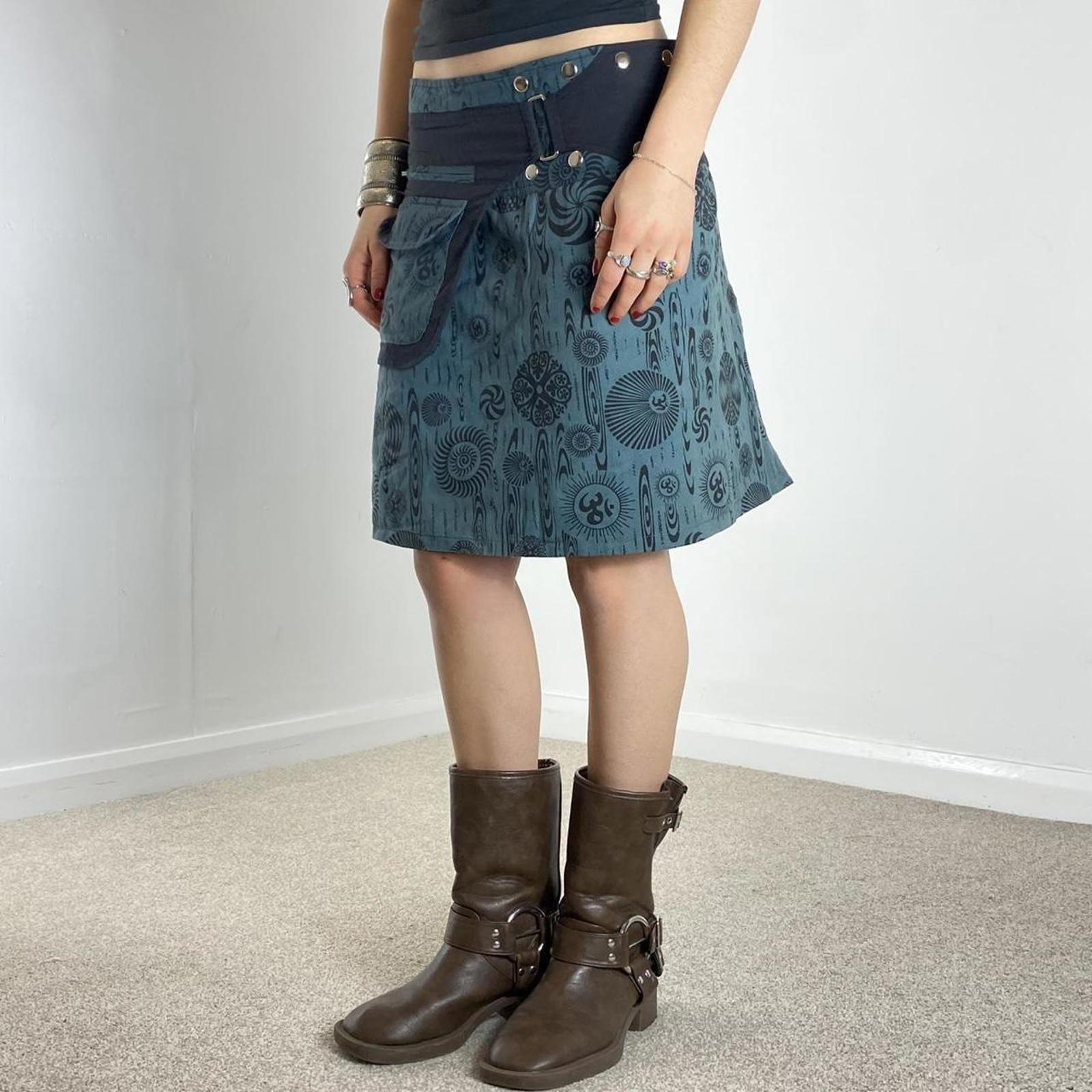 Y2K blue patterend wrap popper midi skirt, with utiltiy pockets