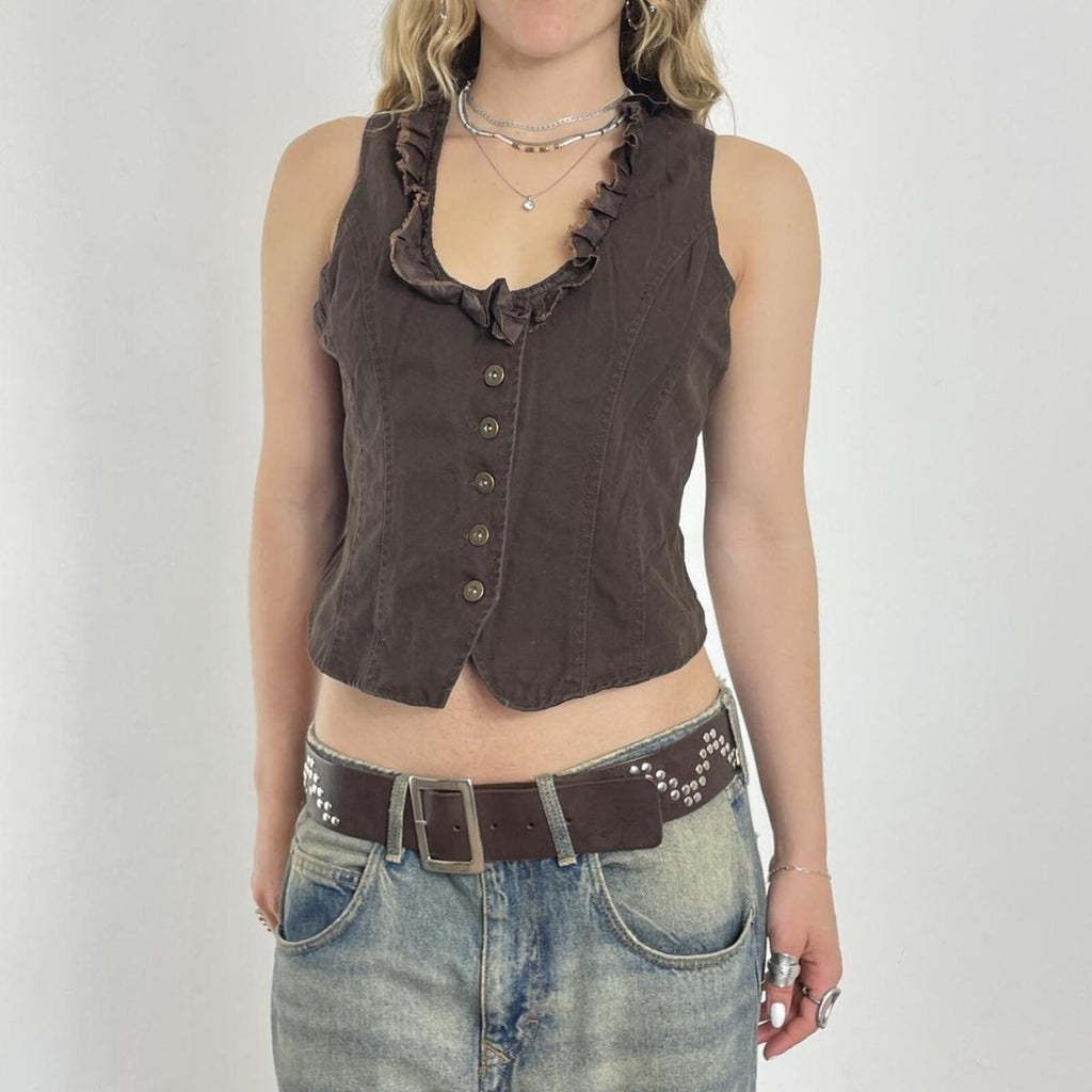 Brown denim button up waistcoat with ruffles at the neckline