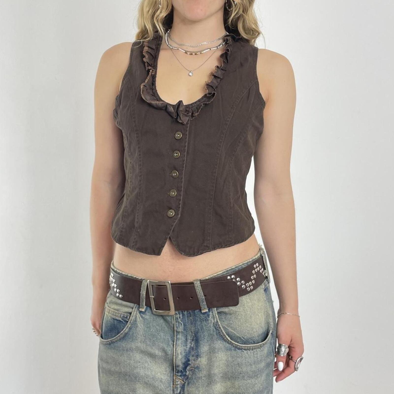 Brown denim button up waistcoat with ruffles at the neckline