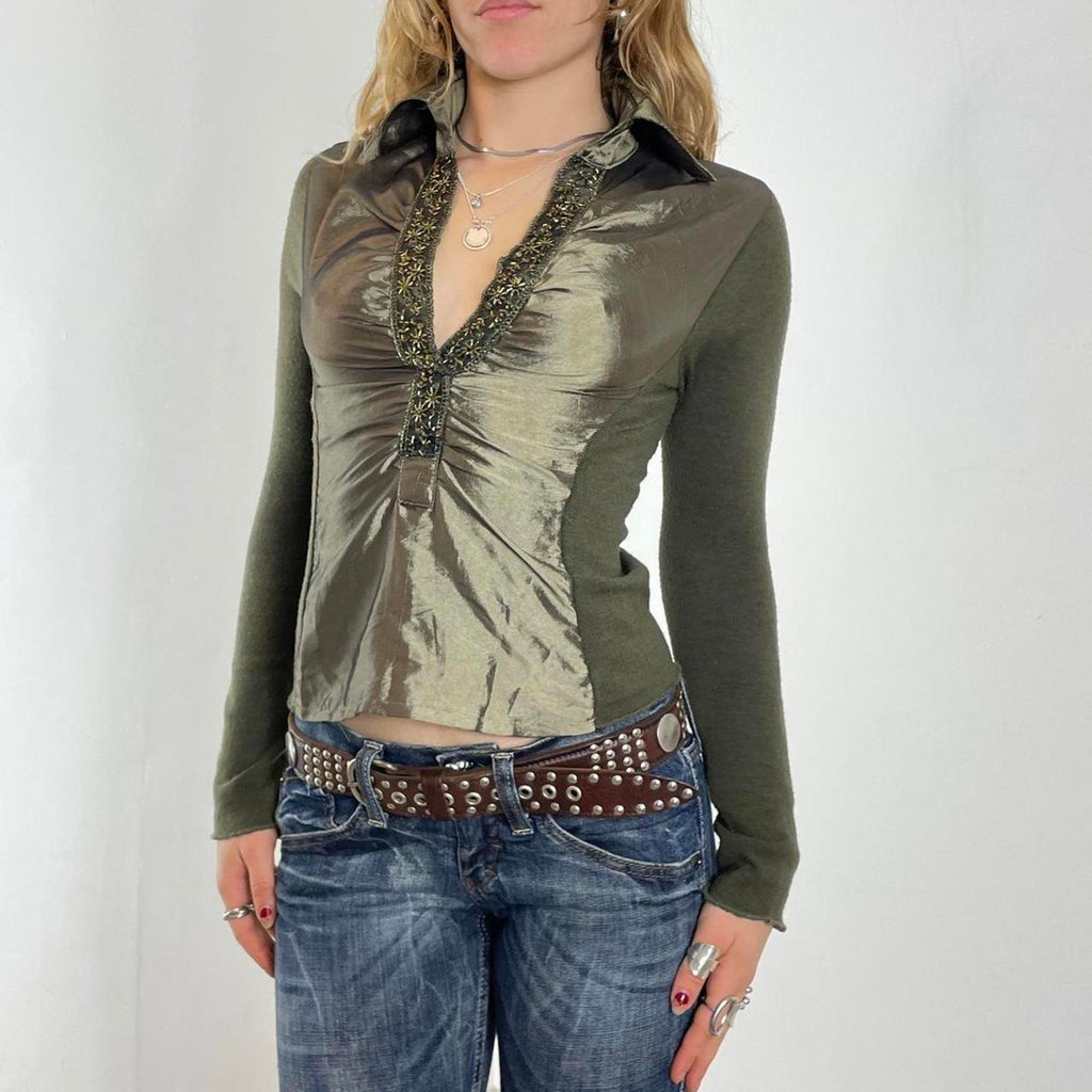 kahki green V - neck silky shirt with embroided details along the neck line and collar