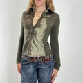 kahki green V - neck silky shirt with embroided details along the neck line and collar
