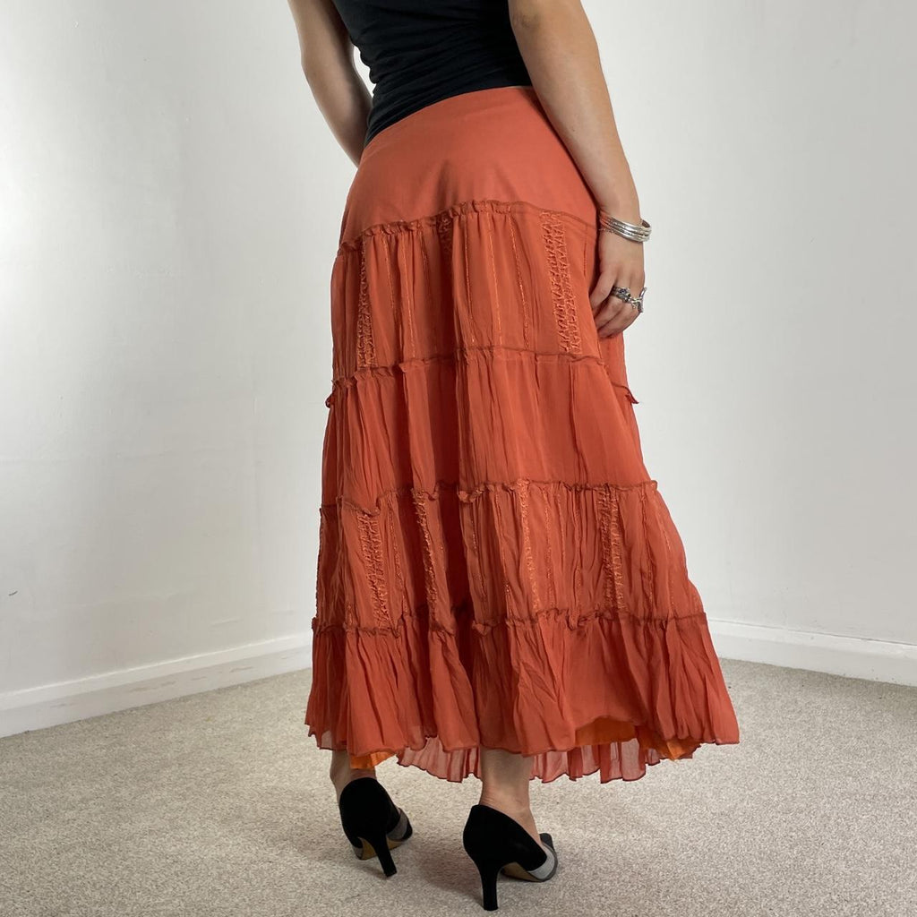 Vintage full length teired orange maxi skirt with embroided details double mesh