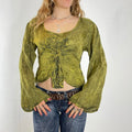 Vintage kahki green flared sleeve embelished whimsical lace up top