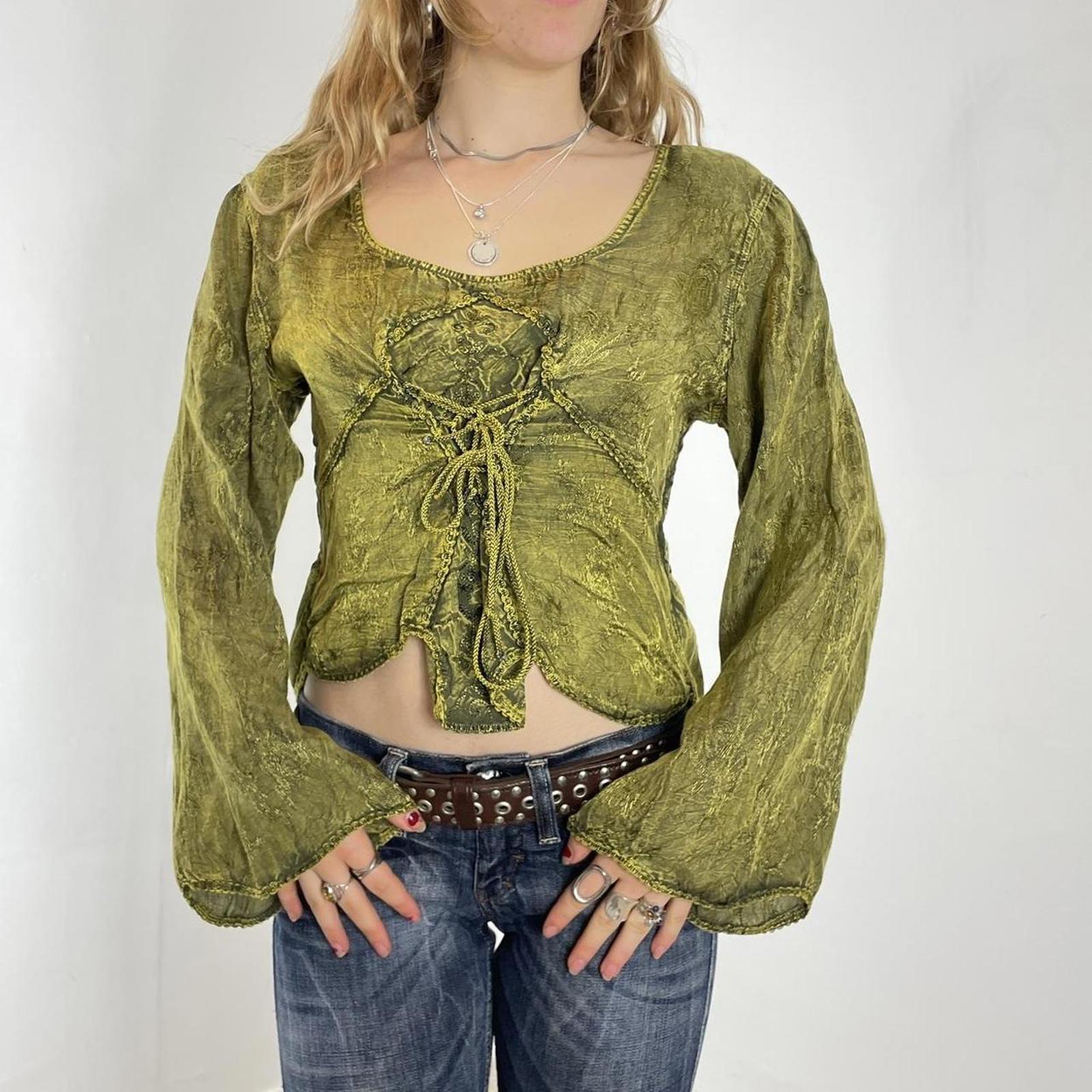 Vintage kahki green flared sleeve embelished whimsical lace up top