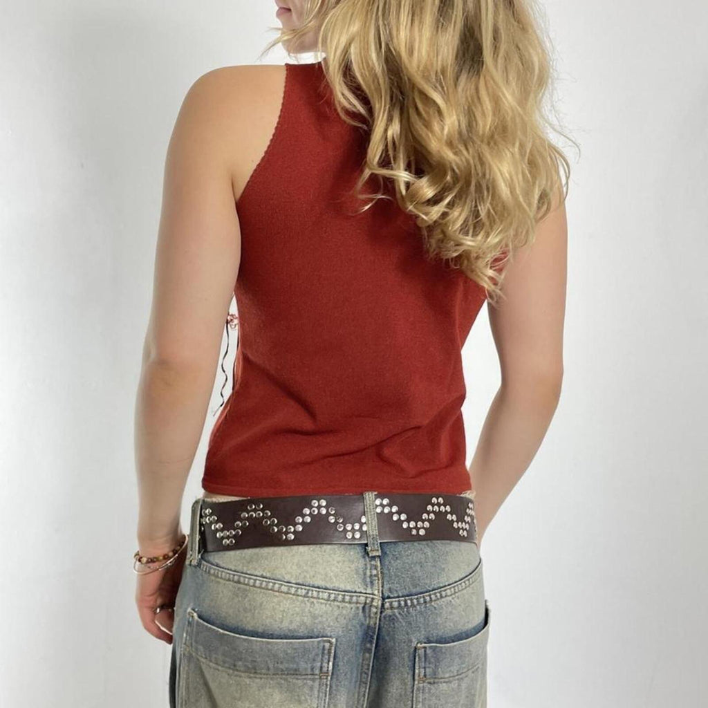 Vintage red/orange turtle neck top with open cut out and boho tassles
