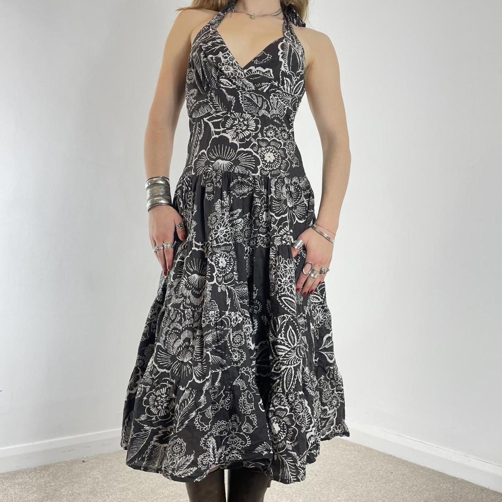 Vintage floral full length halter neck brown and white dress