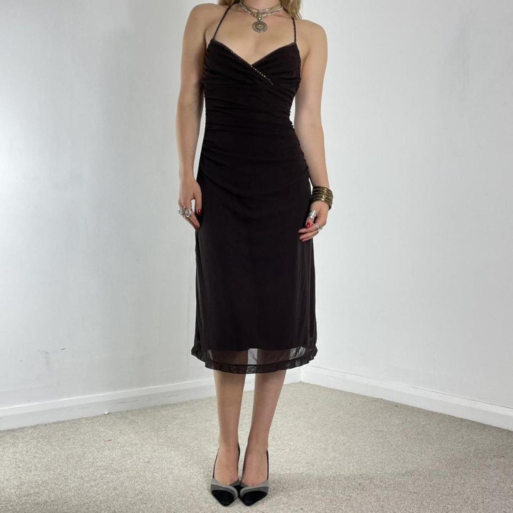 Vintage brown fitted mesh midi dress with sequin embellishments