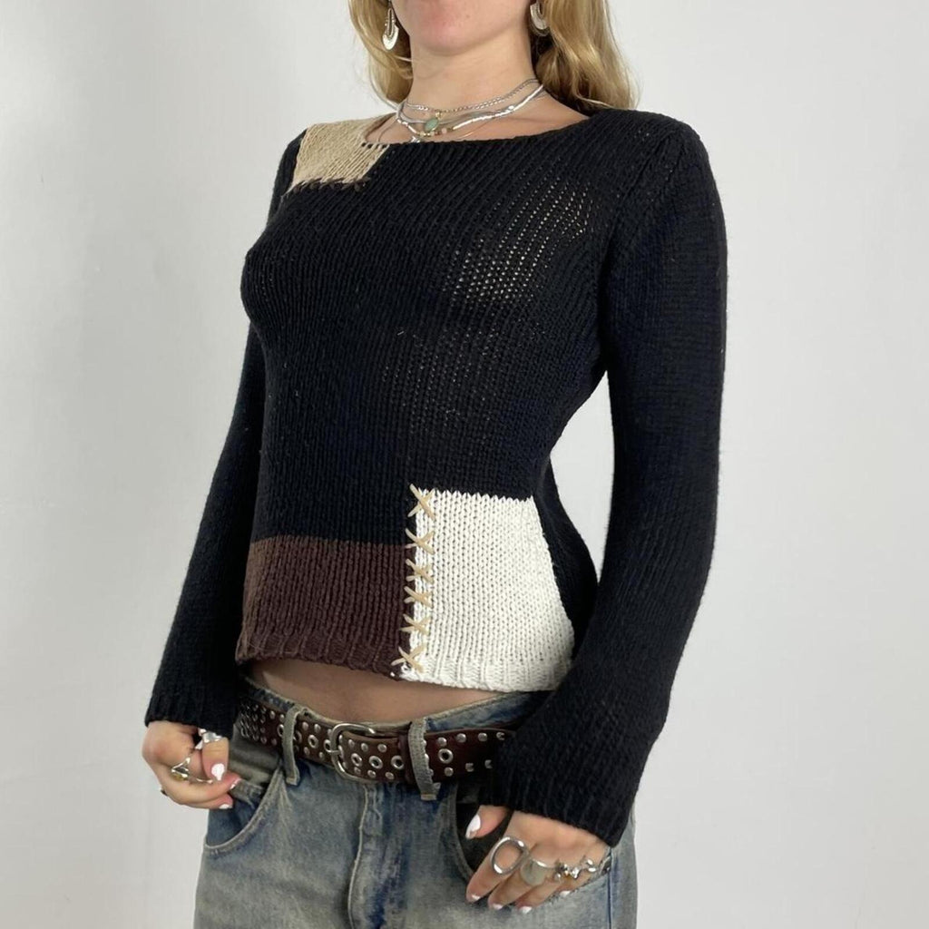 Vintage patchwork black and beige knitted jumper