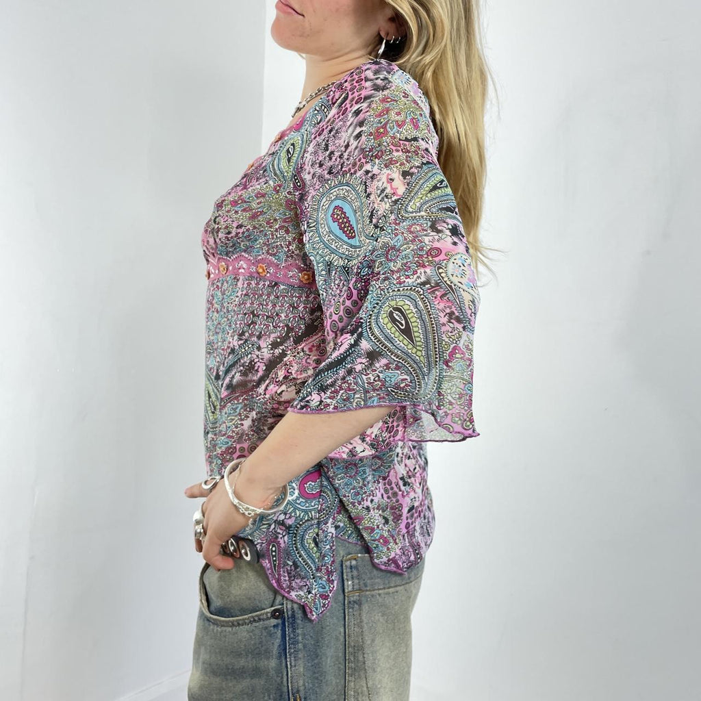 Bohemian multi coloured flowy bell sleeve top