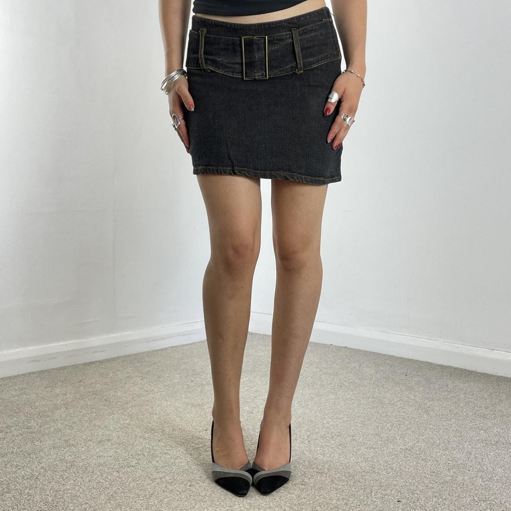 Vintage Navy dark denim mini skirt with a silver buckle