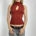 Vintage red/orange turtle neck top with open cut out and boho tassles