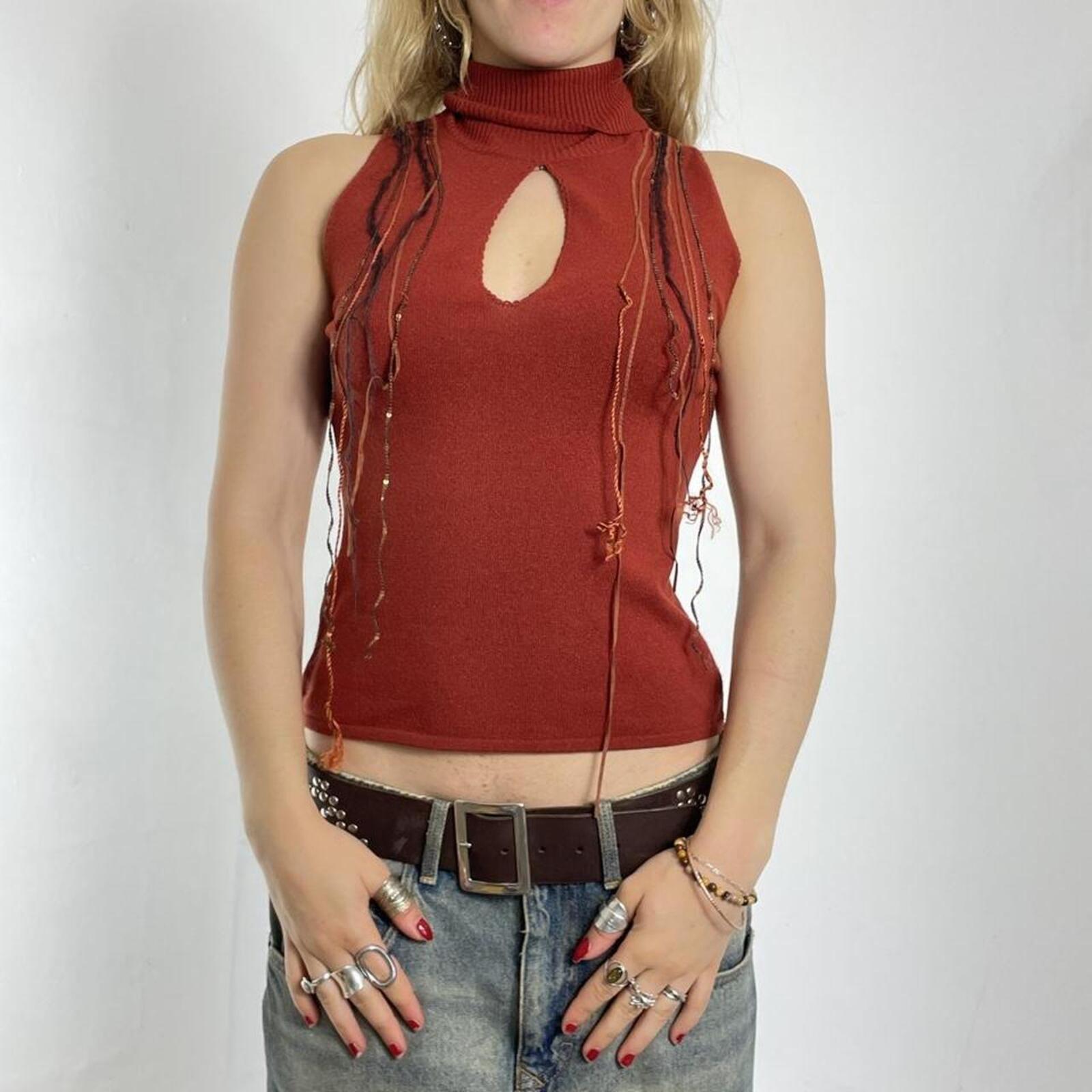 Vintage red/orange turtle neck top with open cut out and boho tassles