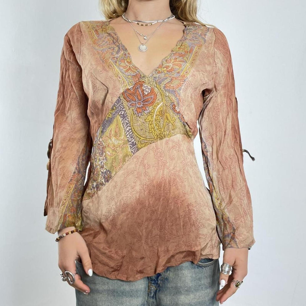 Brown bohemian silky long sleeve top