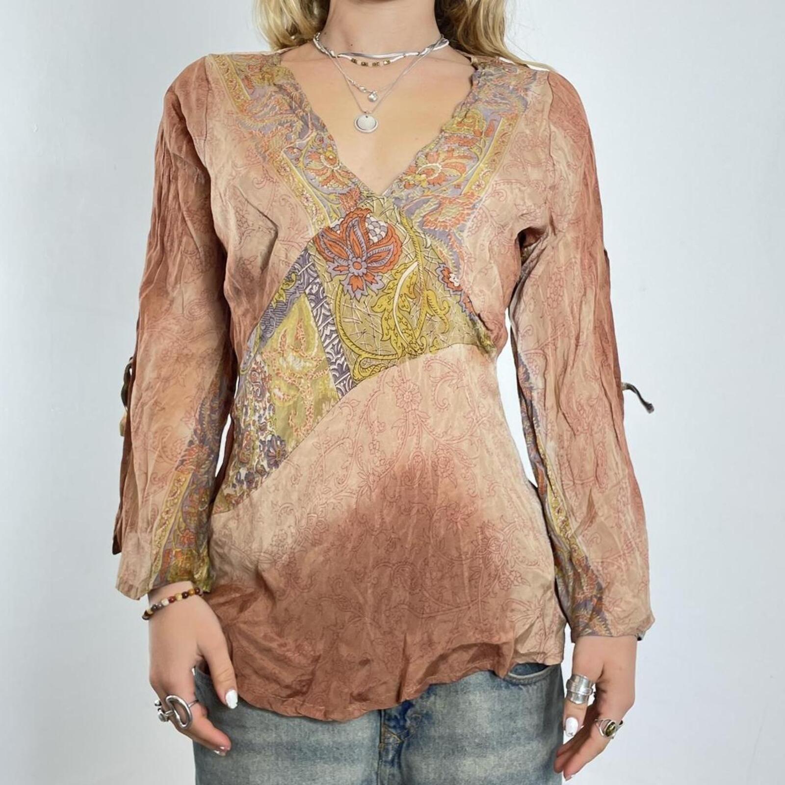 Brown bohemian silky long sleeve top