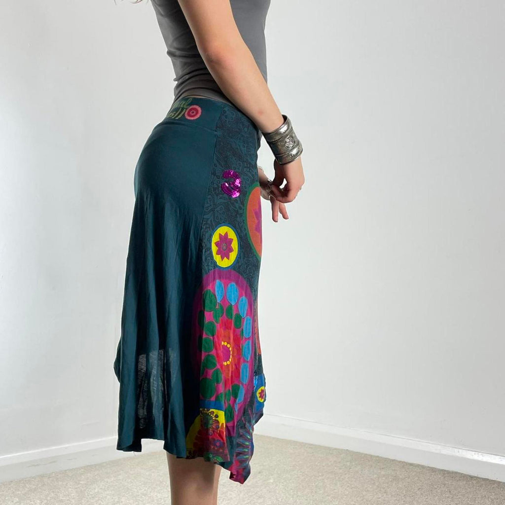 Teal green asymetrical graphic desigual skirt