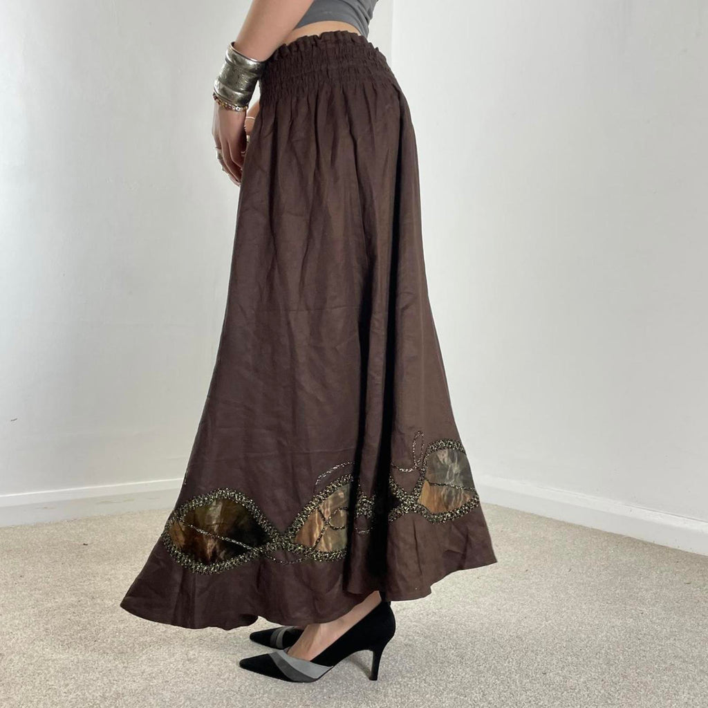 Vintage brown full length maxi skirt with embelished and embroided details across the hem
