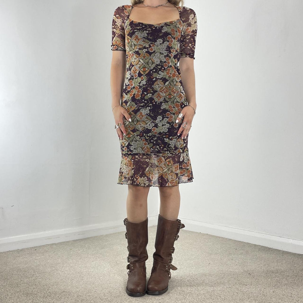 Mesh 3/4 length sleeve square neck midi dress